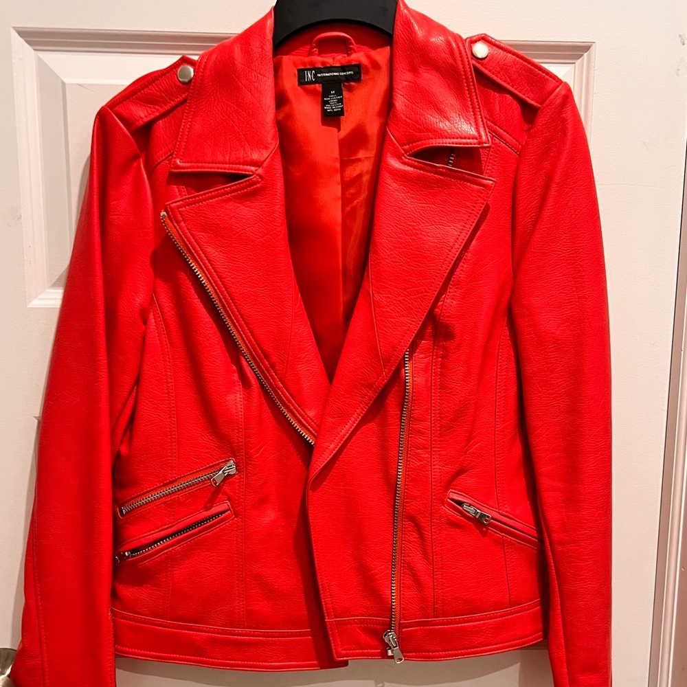Red leather style jacket. Stand out in this awesome jacket!